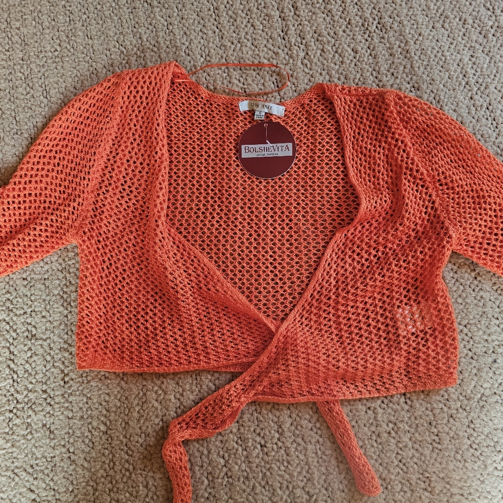 Orange Knit Throw-Over Short-Sleeve Sweater